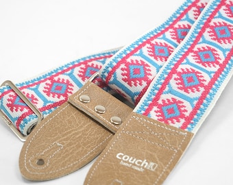 The Couch Imagining Sun Hippie Weave Boho Guitar Strap - Pink and Sky Blue