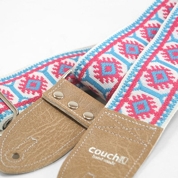 The Couch Imagining Sun Hippie Weave Boho Guitar Strap - Pink and Sky Blue