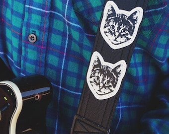 Cat Guitar Strap - Black and White - Vegan - Made In USA- Kitty Approved - Meow