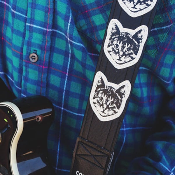 Cat Guitar Strap - Black and White - Vegan - Made In USA- Kitty Approved - Meow