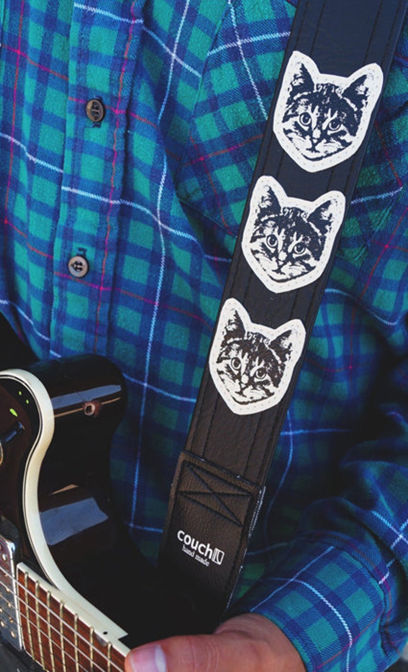 Cat Guitar Strap Black and White Vegan Made In USA Kitty Approved Meow image 1