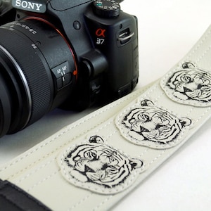 White Tiger Camera Strap, Hand Made Screen Printed Applique, Vegan image 1