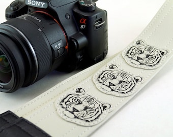 White Tiger Camera Strap, Hand Made Screen Printed Applique, Vegan