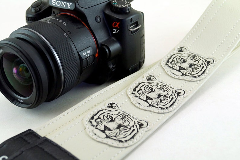 White Tiger Camera Strap, Hand Made Screen Printed Applique, Vegan image 1