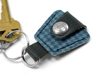 Vintage GTO Guitar Pick Holder Keychain- Houndstooth Blue Plaid Upcycled American Auto Vinyl Vegan Leather, Pick Case Key Chain