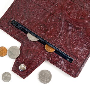 Paisley Oxblood Womens Long Wallet, Embossed Vegan Leather, Holds Checkbook, Change, Phone, Handmade In USA image 4