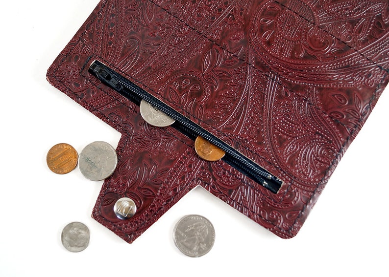 Paisley Oxblood Womens Long Wallet, Embossed Vegan Leather, Holds Checkbook, Change, Phone, Handmade In USA image 4