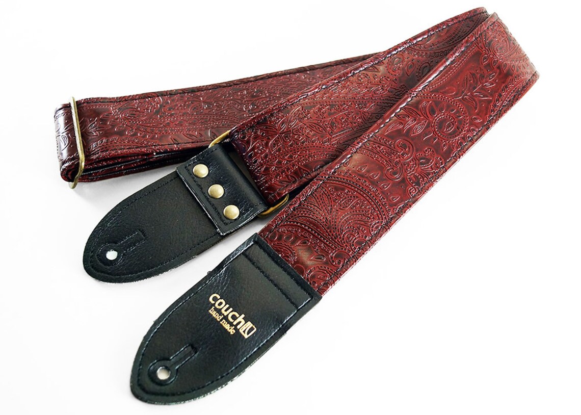 Paisley Oxblood Guitar Strap With Custom Bronze Hardware Made Etsy