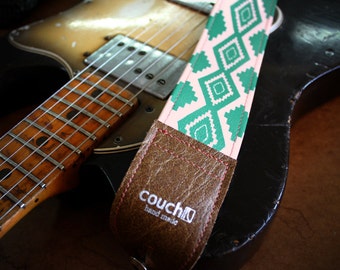 Southwestern Navajo Print Native American Guitar Strap- salmon, turquoise, vegan buckskin