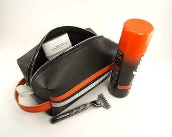 Mens Racing Stripe Dopp Kit- Black Orange White, Travel Toiletry Bag, Shave Kit, Vegan Leather, Mens Gift- Made In USA