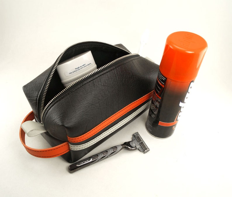 Mens Racing Stripe Dopp Kit Black Orange White, Travel Toiletry Bag, Shave Kit, Vegan Leather, Mens Gift Made In USA image 1