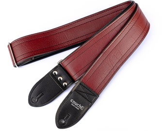 Dark Red Luggage Stitch Guitar Strap, Deep Grained Texture, Maroon Brick Oxblood Vegan Leather, Made In USA