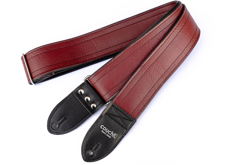 Dark Red Luggage Stitch Guitar Strap, Deep Grained Texture, Maroon Brick Oxblood Vegan Leather, Made In USA image 1