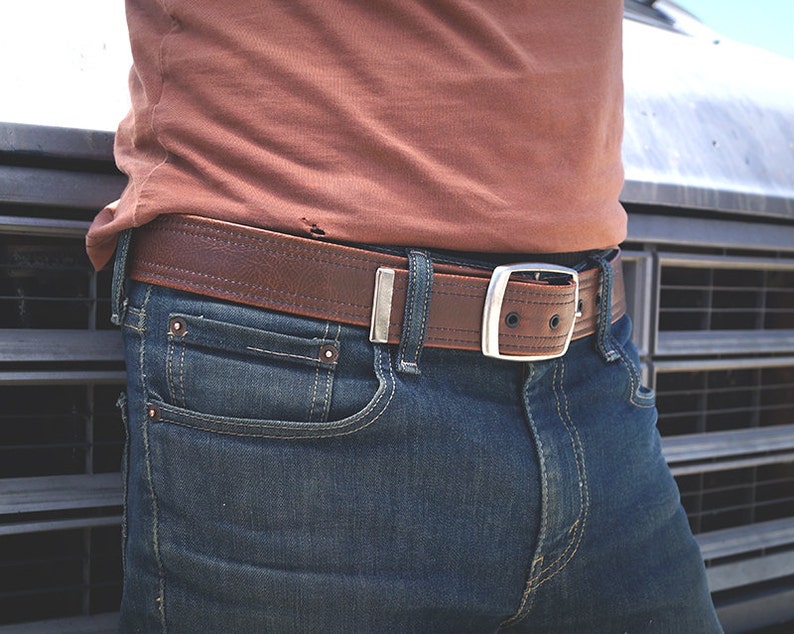 Brown Vegan Belt, Double Stitch, Classic Aged Vintage Look, Vegan Leather image 4