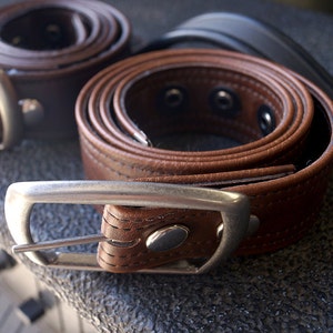 Brown Vegan Belt, Double Stitch, Classic Aged Vintage Look, Vegan Leather image 5