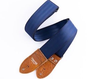Navy Recycled Seatbelt Guitar Strap, Vegan Leather Ends