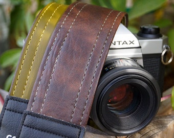 Brown and Olive Reversible Camera Strap - with Green and Yellow Stitching - Vegan Made in USA