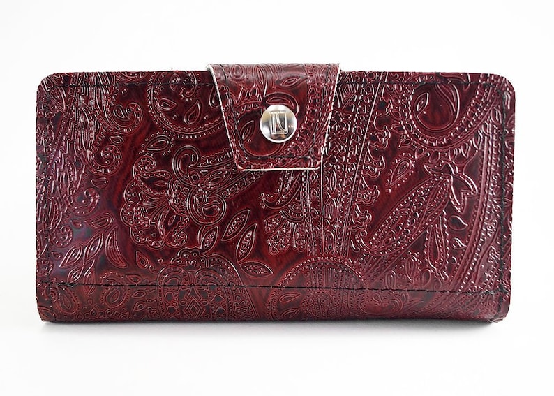 Paisley Oxblood Womens Long Wallet, Embossed Vegan Leather, Holds Checkbook, Change, Phone, Handmade In USA image 1