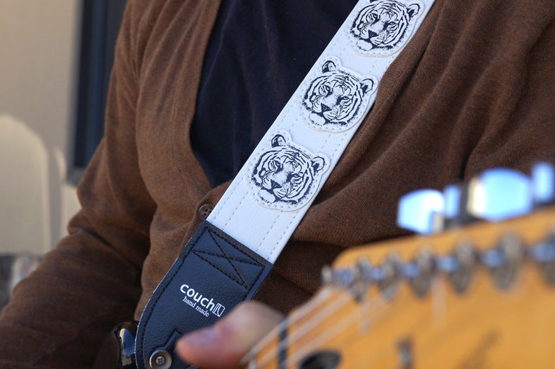 White Tiger Guitar Strap, Hand Sewn Tigers On White Vegan Leather, Made In USA image 2