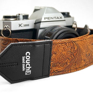 Light Brown Embossed Western Camera Strap, Hand Made Camera Straps Made In America of Embossed Vegan Leather