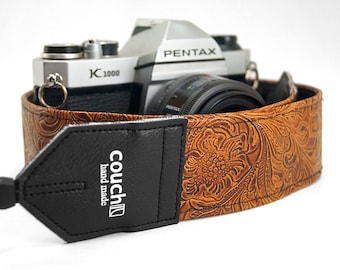 Light Brown Embossed Western Camera Strap, Hand Made Camera Straps Made In America of Embossed Vegan Leather