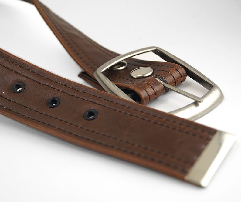 Brown Vegan Belt, Double Stitch, Classic Aged Vintage Look, Vegan Leather image 3
