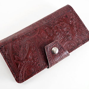 Paisley Oxblood Womens Long Wallet, Embossed Vegan Leather, Holds Checkbook, Change, Phone, Handmade In USA image 10