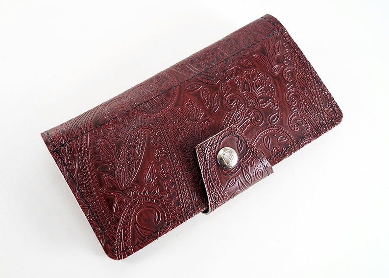 Paisley Oxblood Womens Long Wallet, Embossed Vegan Leather, Holds Checkbook, Change, Phone, Handmade In USA image 10