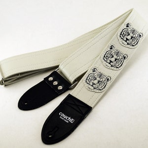 White Tiger Guitar Strap, Hand Sewn Tigers On White Vegan Leather, Made In USA image 5