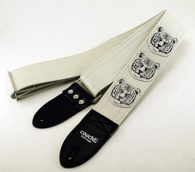 White Tiger Guitar Strap, Hand Sewn Tigers On White Vegan Leather, Made In USA image 5