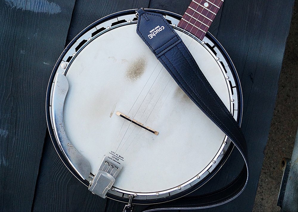 Classic Black Banjo Strap Hand Made in USA of Black Vegan Leather 