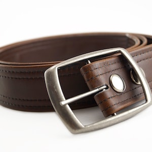 Brown Vegan Belt, Double Stitch, Classic Aged Vintage Look, Vegan Leather image 1