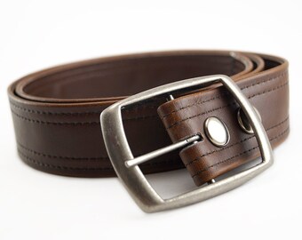 Brown Vegan Belt, Double Stitch, Classic Aged Vintage Look, Vegan Leather