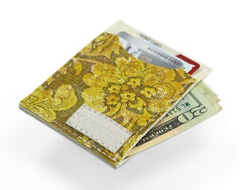 Sun Yellow Vintage Floral Card Wallet- Womens Slim Wallet Made of Vintage Vegan Leather Embossed 1970s Vinyl, Byloos Victorian