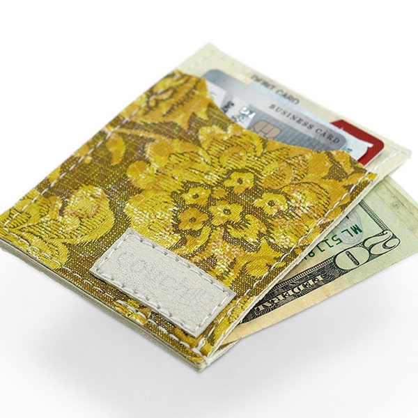 Sun Yellow Vintage Floral Card Wallet- Womens Slim Wallet Made of Vintage Vegan Leather Embossed 1970s Vinyl, Byloos Victorian