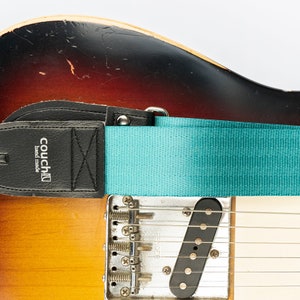 Recycled Blue-Green Seatbelt Guitar Strap, Bright Teal Turquoise Color, Made In USA Guitar Straps