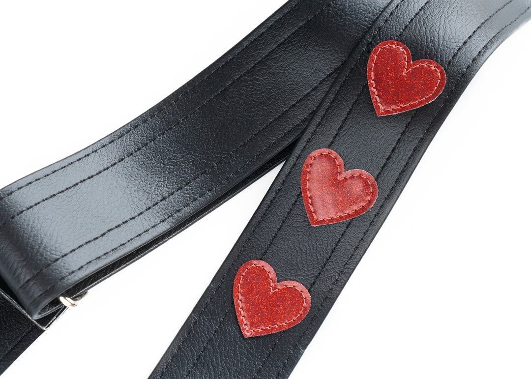 Hearts Vegan Guitar Strap, Red Sparkle Hearts, Hand Sewn, Made in