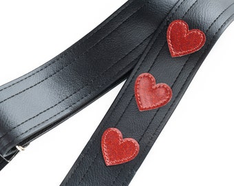 Hearts Guitar Strap With Hand Sewn Red Sparkle Hearts, Lovable Vegan Strap Made In USA