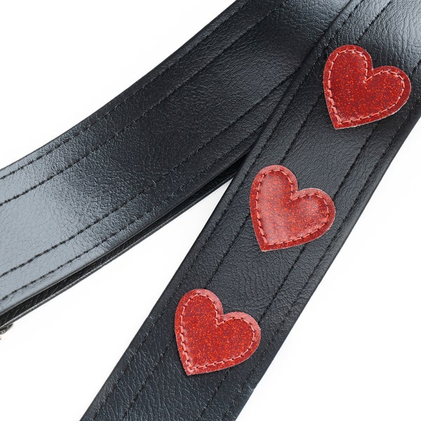 Hearts Guitar Strap With Hand Sewn Red Sparkle Hearts, Lovable Vegan Strap Made In USA