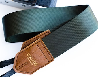 Forest and Buckskin Camera Strap, Made of Recycled Seatbelt and Vintage 70s Vegan Leather Ends