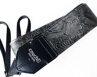 Black Graphite Western Flowers Camera Strap - Hand Tooled Look Embossed Vegan Leather, Made In The USA