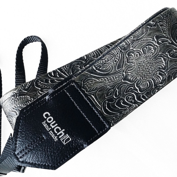 Black Graphite Western Flowers Camera Strap - Hand Tooled Look Embossed Vegan Leather, Made In The USA