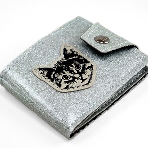 Silver Sparkle Cat Billfold Wallet Hand Made of Super Fancy 60s Style Metal Flake Biker Sparkly Vegan Leather and a Rad Cat image 2