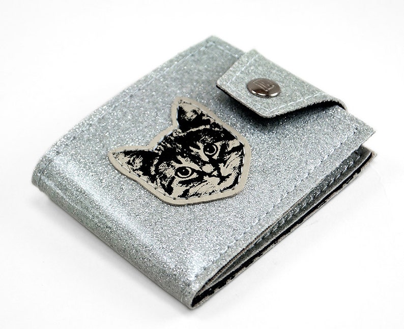 Silver Sparkle Cat Billfold Wallet Hand Made of Super Fancy 60s Style Metal Flake Biker Sparkly Vegan Leather and a Rad Cat image 2