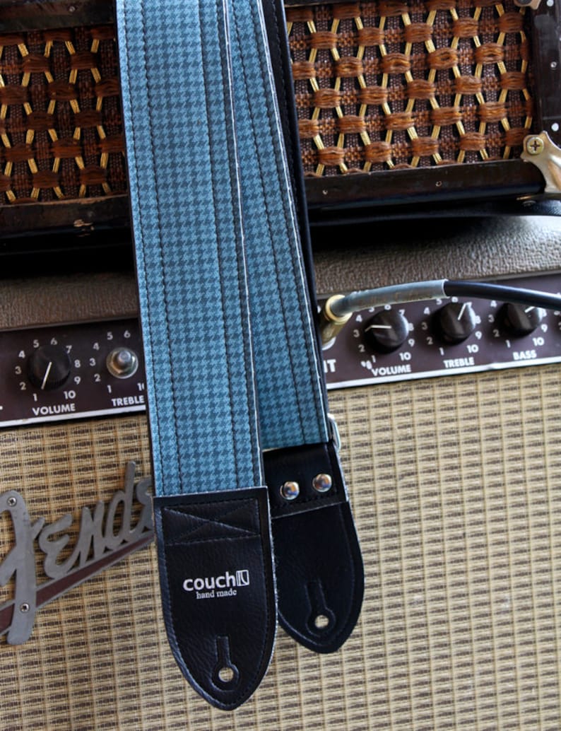 Pontiac GTO Trunk Mat Guitar Strap, Blue Houndstooth Plaid Pattern, Vintage, Made in USA image 2