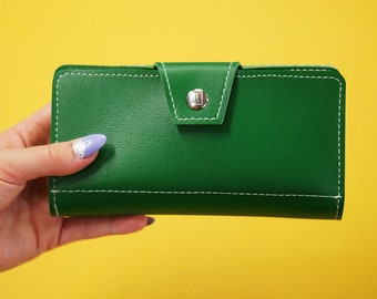 Kelly Green Long Wallet, Checkbook Phone Holder, Handmade USA