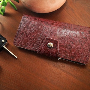 Paisley Oxblood Womens Long Wallet, Embossed Vegan Leather, Holds Checkbook, Change, Phone, Handmade In USA image 9