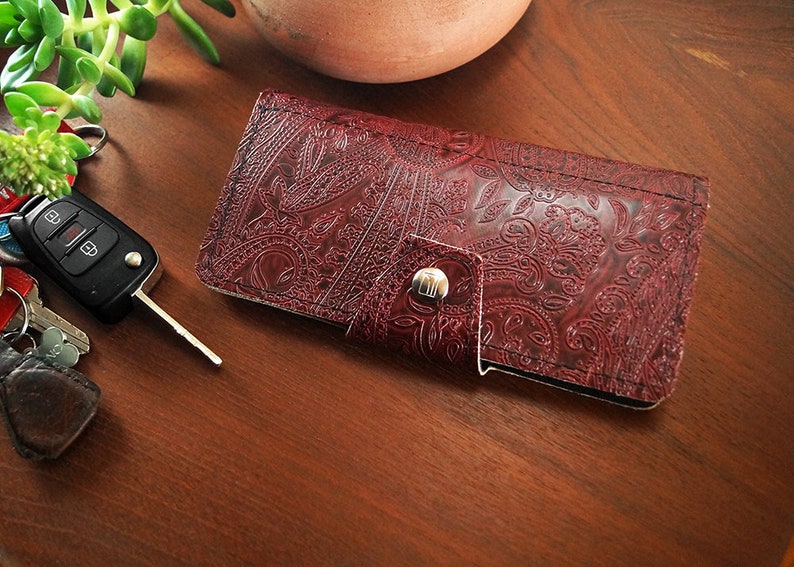 Paisley Oxblood Womens Long Wallet, Embossed Vegan Leather, Holds Checkbook, Change, Phone, Handmade In USA image 9