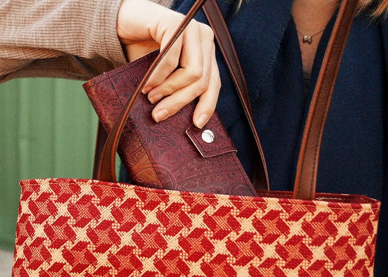 Paisley Oxblood Womens Long Wallet, Embossed Vegan Leather, Holds Checkbook, Change, Phone, Handmade In USA image 8