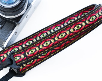 Southwestern Slim Woven Camera Strap w/ Quick Release, Deep Red and Emerald Weave